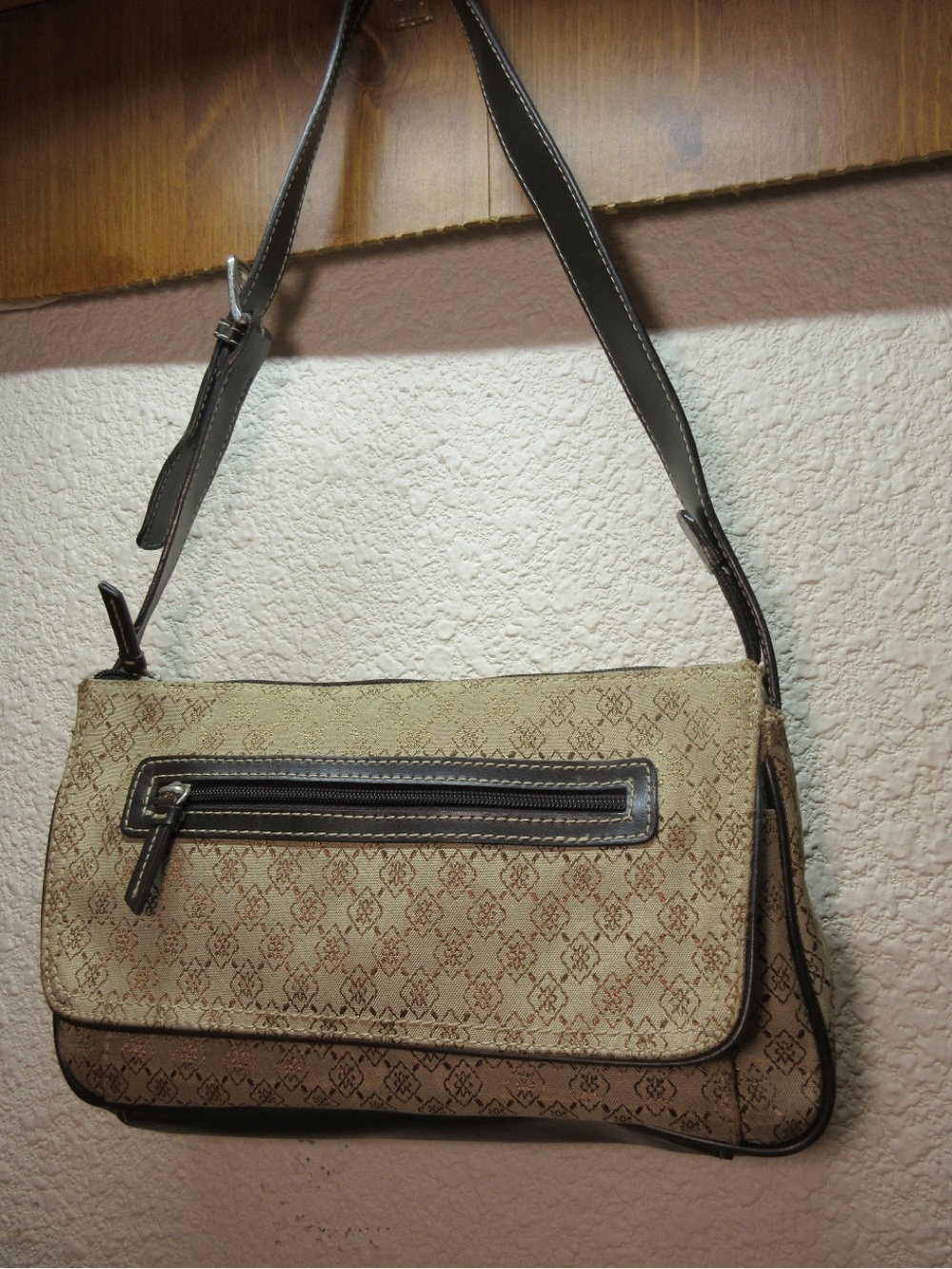 villager Beige Patterned Shoulder Bag with Dark Trim